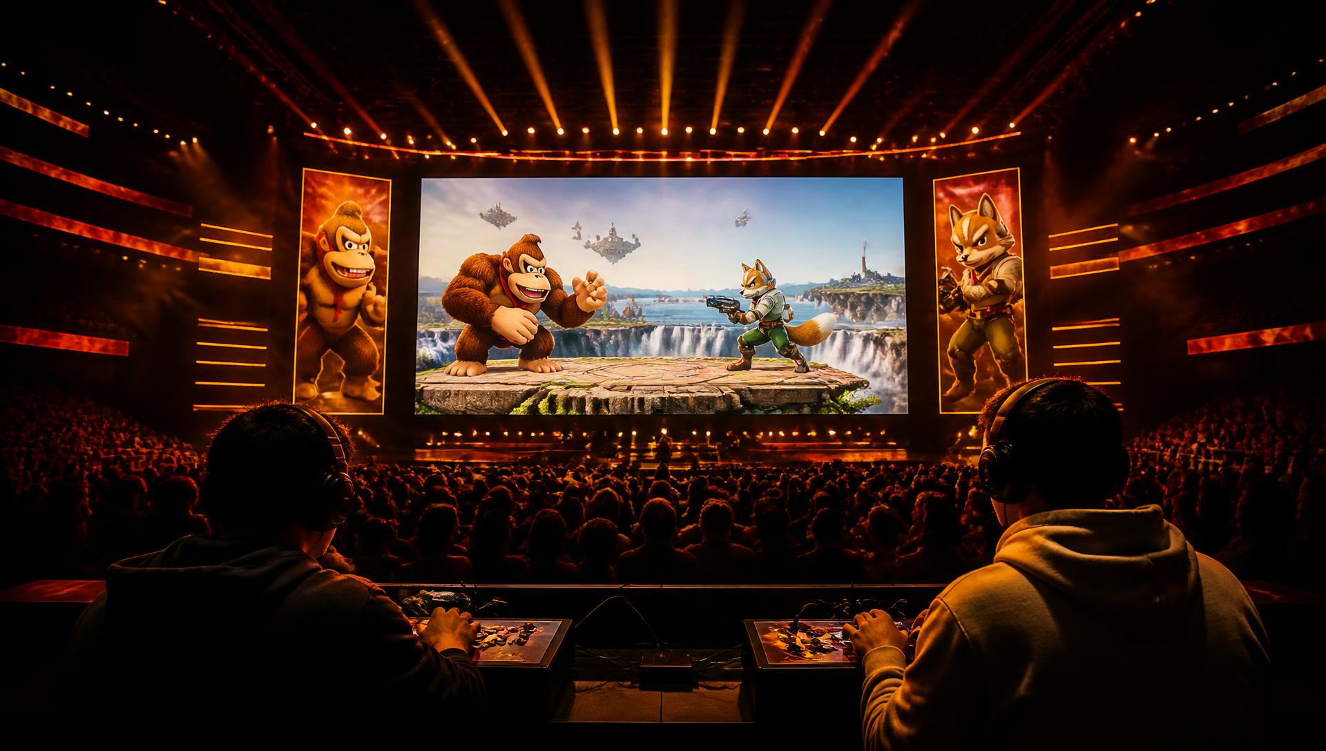 Esports arena with Super Smash Bros competition on a giant screen